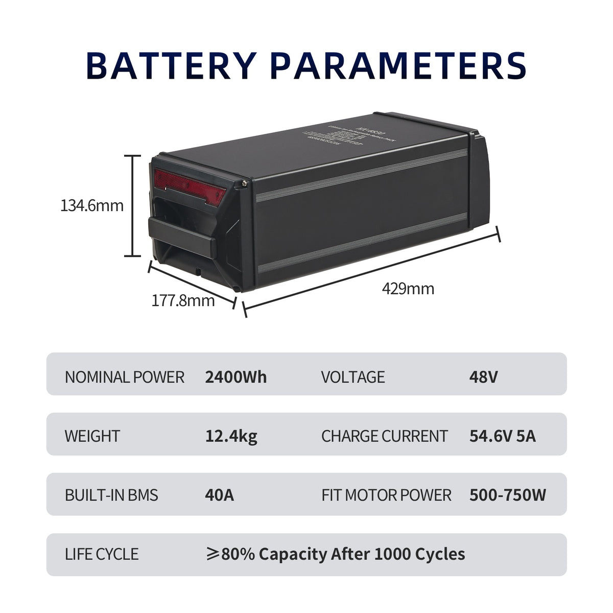 Batería Litio E-Bike 48V 50Ah Portaequipajes Trasero 2400Wh Alta Capacidad