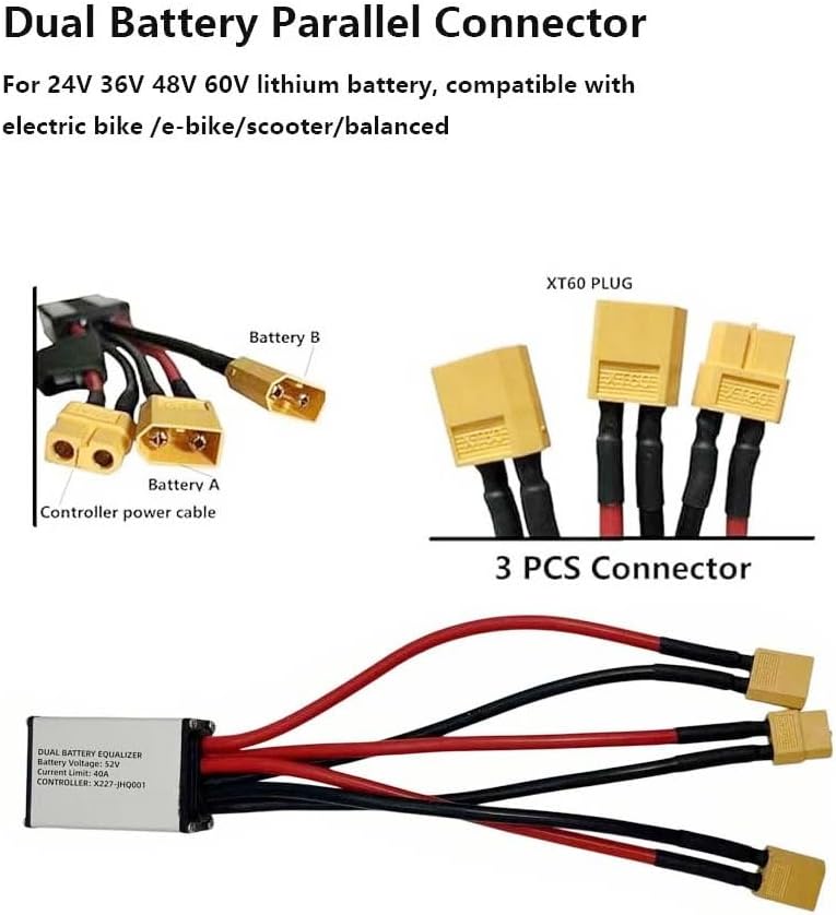 E‑Bike Dual‑Pack Balancer Parallel Cable, Discharge Converter Adapter, 20‑55V Range Extender for Two Power Packs Parallel Working