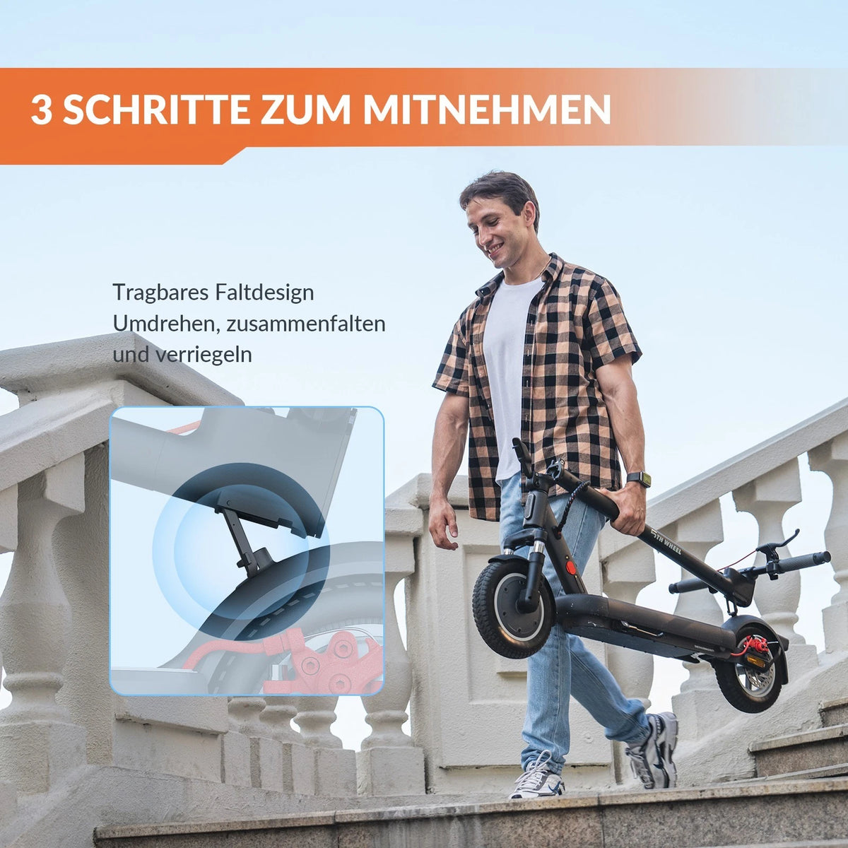 E-Scooter 10 Zoll 400W 48V 7,5Ah 20 km/h 40 km E-Bremse Federung Blinker