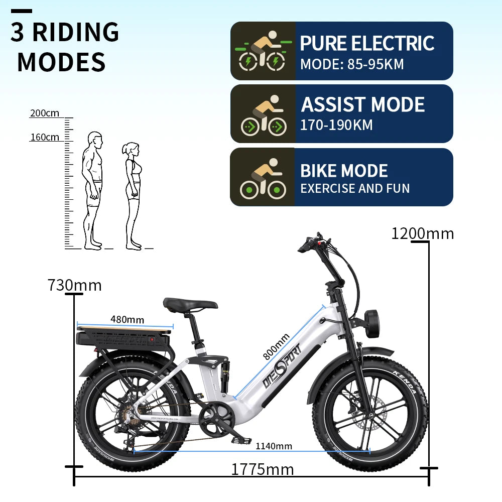 Onesport OT08Pro E-Bike 1728Wh Batteria Doppia 190km Full Suspension 7 Velocità