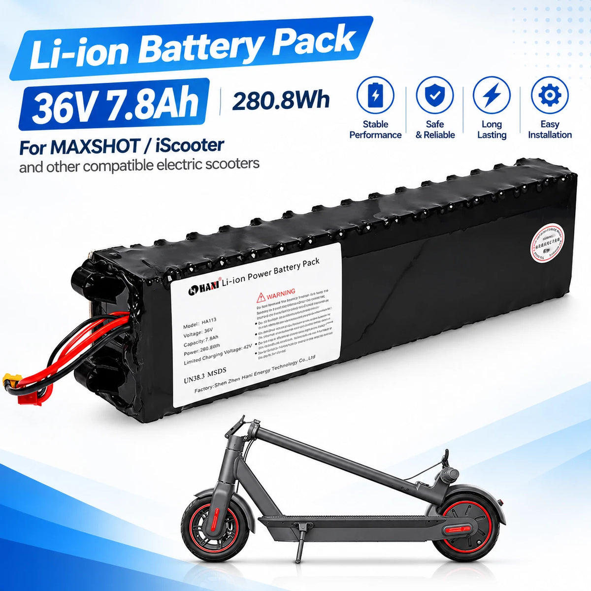 36V 7.8Ah Lithium Battery Replacement for MAXSHOT iScooter Electric Scooter