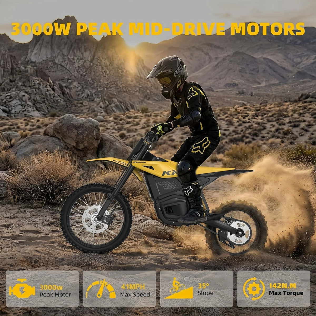 3000W Peak Electric Motorcycle 41MPH Youth Dirt Bike 48V 23Ah Battery E-bike