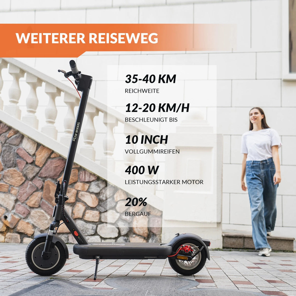 E-Scooter 10 Zoll 400W 48V 7,5Ah 20 km/h 40 km E-Bremse Federung Blinker