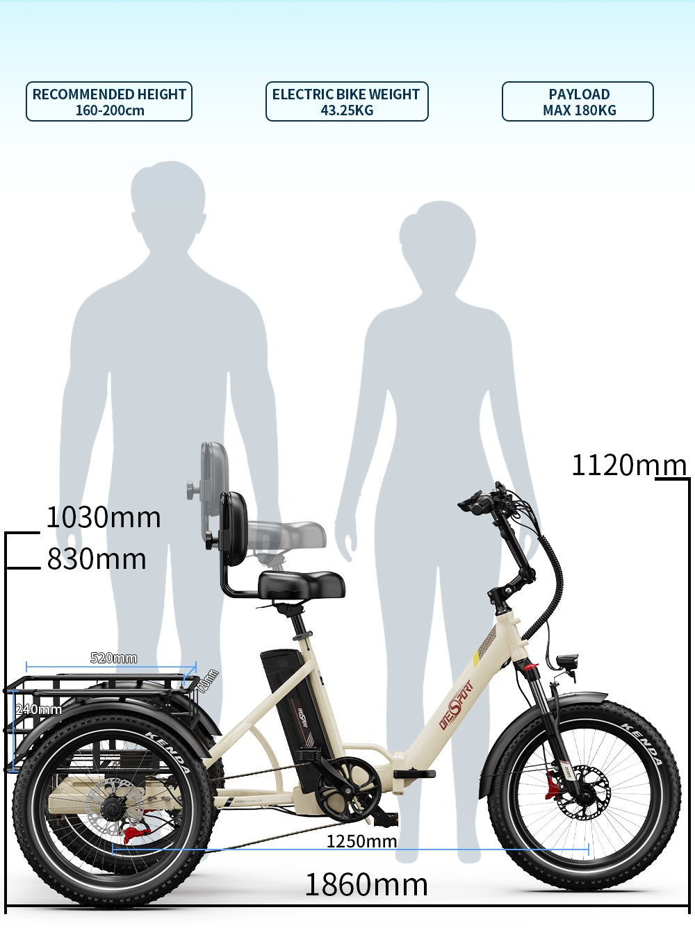 Onesport OT30 Pro Triciclo Elettrico 500W 864Wh 90Km Shimano 7V Freno a Disco