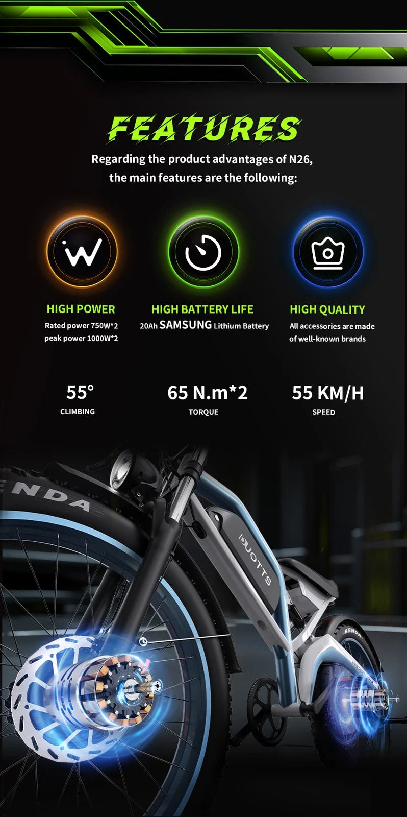 Bici Elettrica N26 Fuoristrada 250W Batteria 48V20Ah Rimovibile Gomme Grasse 26"
