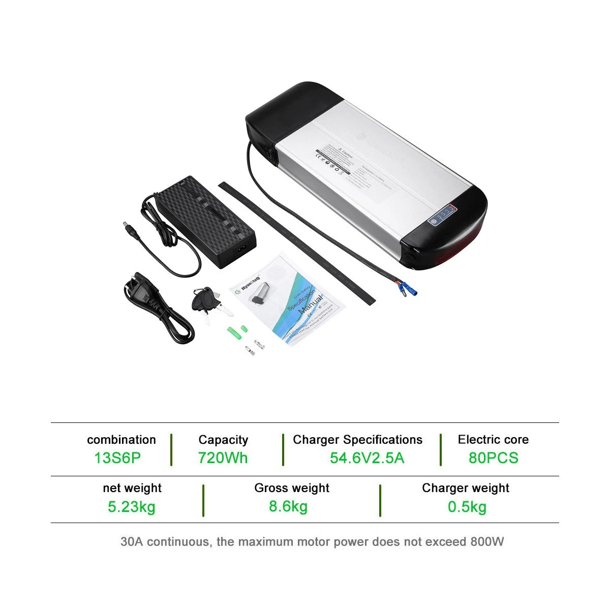 48V 15Ah 720Wh E Bike Lithium Battery 30A BMS Battery Pack Without Rear Rack