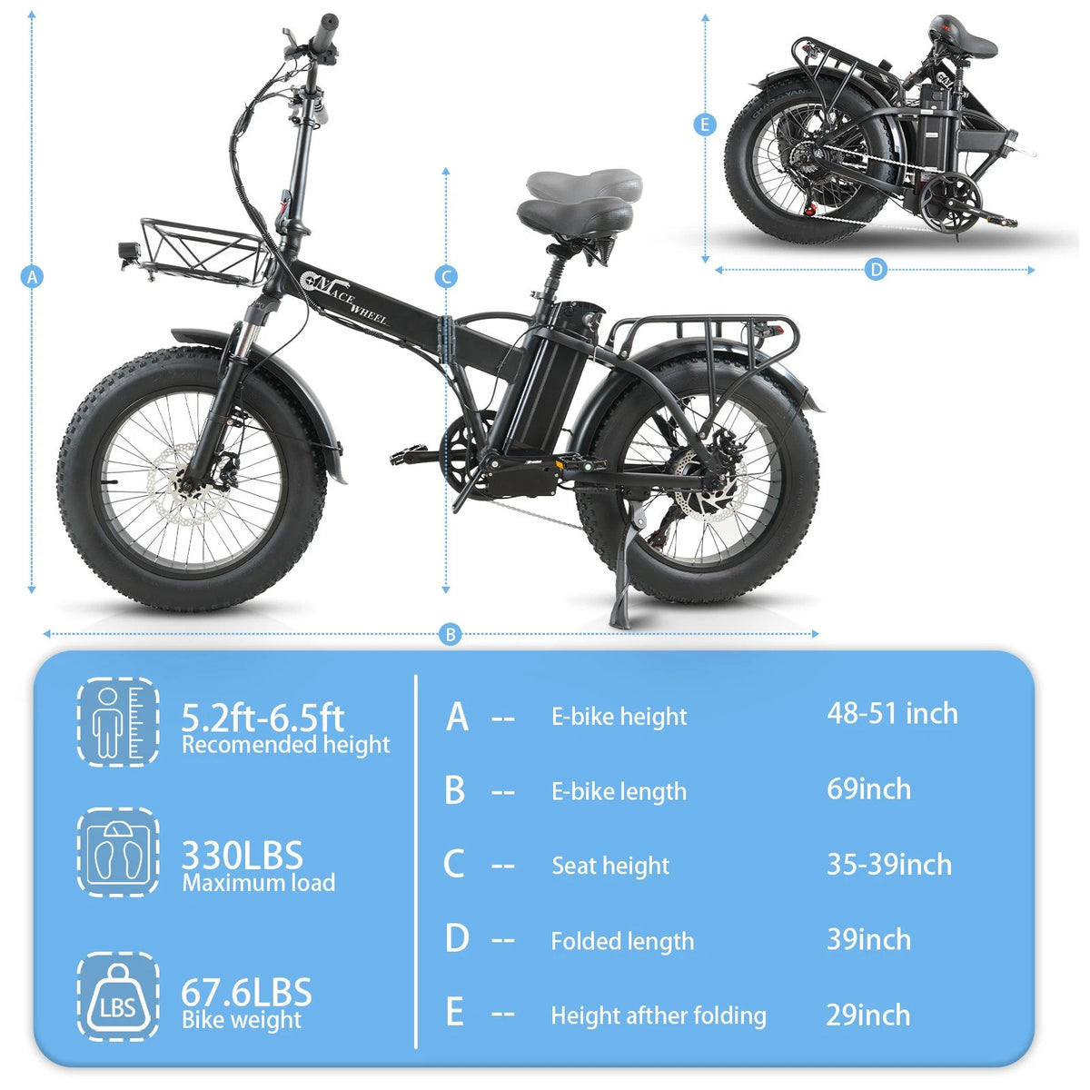 Bici Elettrica Pieghevole Adulti Gomme Fat 20"×4.0 Batteria 48V 18Ah 25km/h
