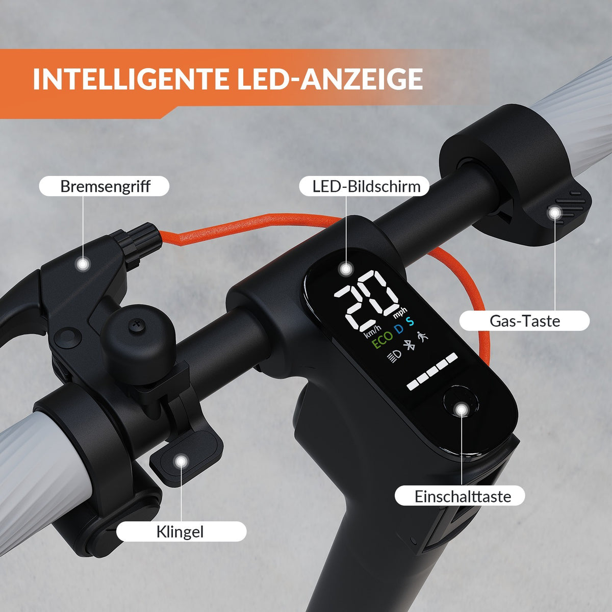 E-Scooter 10 Zoll 400W 48V 7,5Ah 20 km/h 40 km E-Bremse Federung Blinker