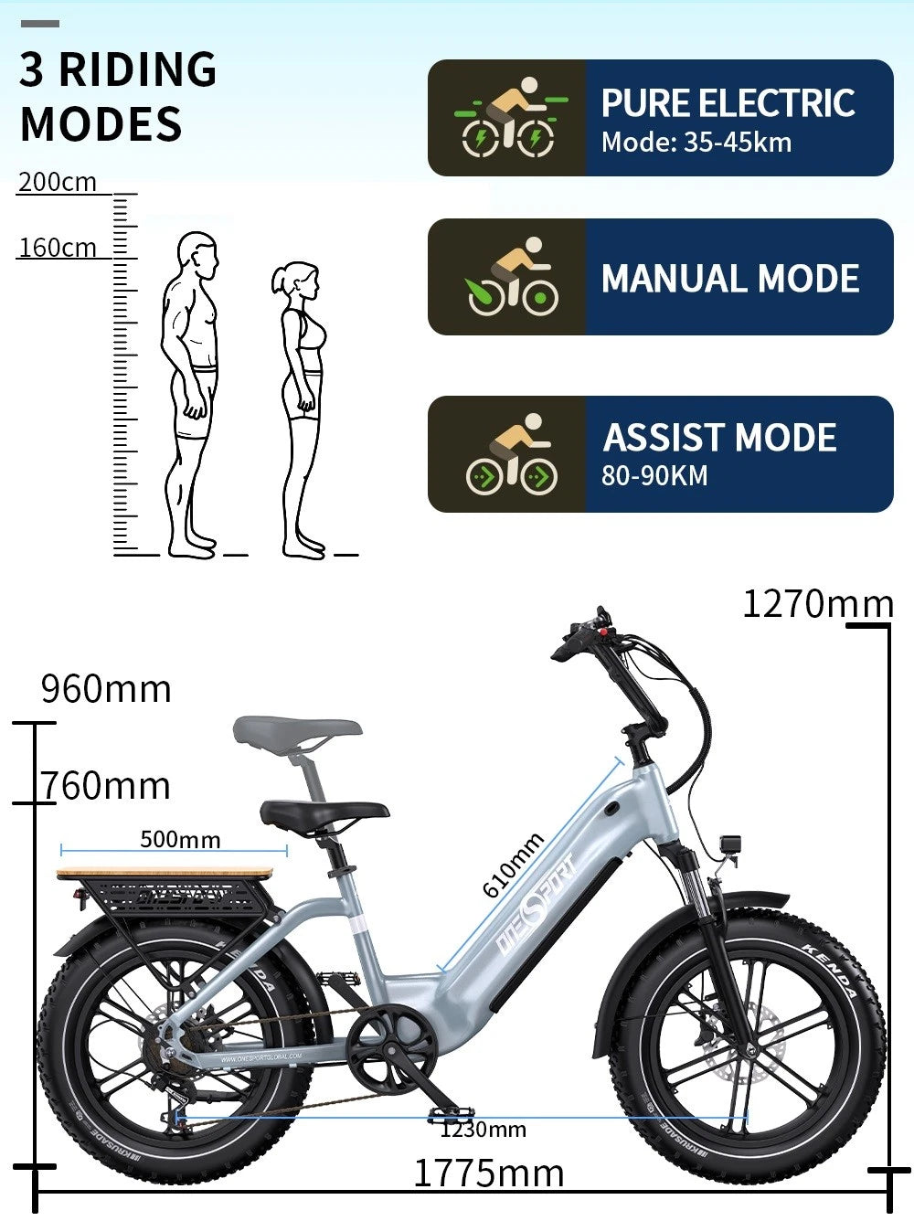 ONESPORT OT08 Bicicletta Elettrica 20" 864Wh 7Vel Autonomia 90km City Pendolare