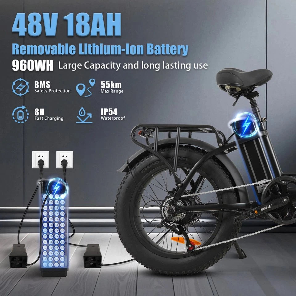 E-bike Pieghevole 20×4 Gomme Grasse Batteria 864Wh Rimovibile Autonomia 55km