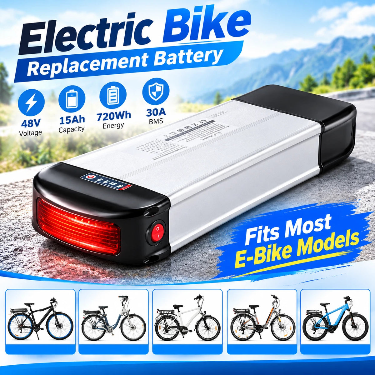 48V 15Ah 720Wh E Bike Lithium Battery 30A BMS Battery Pack Without Rear Rack