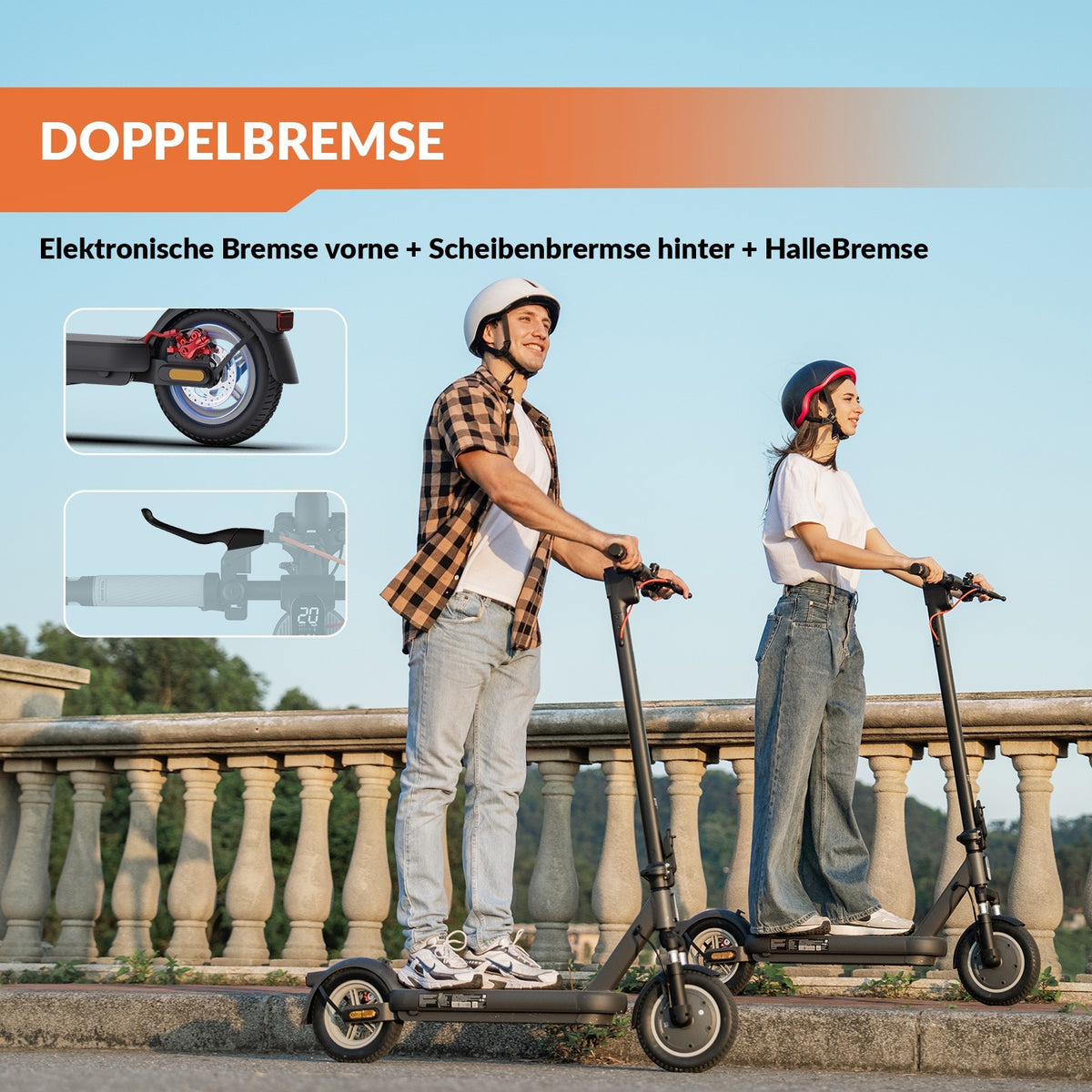 E-Scooter 10 Zoll 400W 48V 7,5Ah 20 km/h 40 km E-Bremse Federung Blinker
