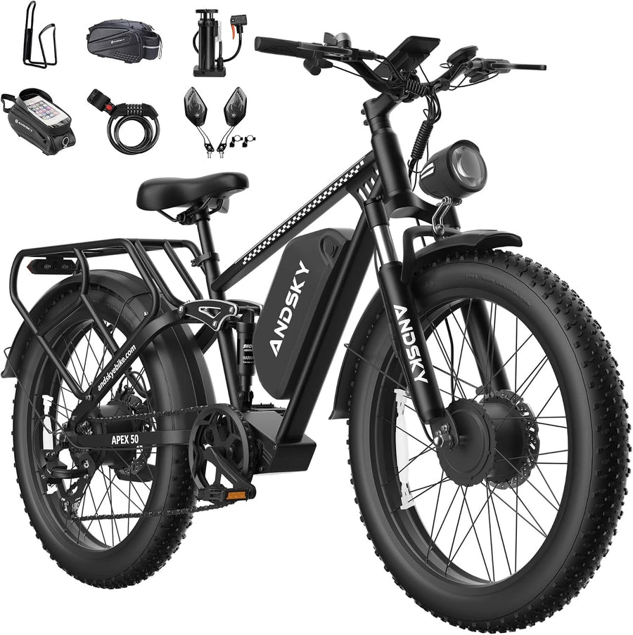 3000W Peak Dual Motor Ebike for Adults 26" Fat Tire Full Suspension 100Miles