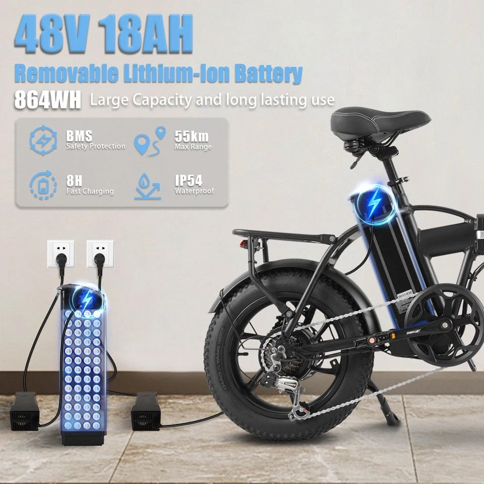 Bici Elettrica Pieghevole 26" Gomme Larghe Tutto Terreno 48V Batteria Estraibile